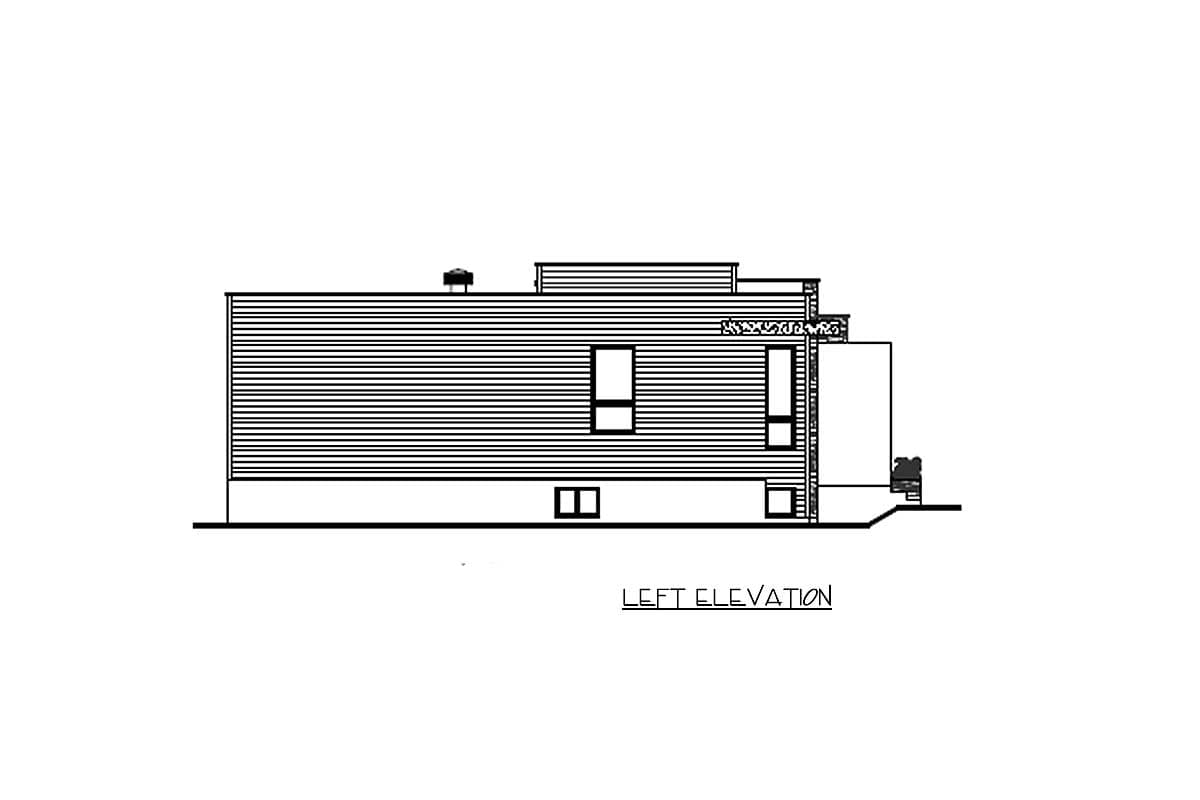 Left elevation house plan drawing showing horizontal siding, stacked windows, and a pitched roofline on a two-story structure.