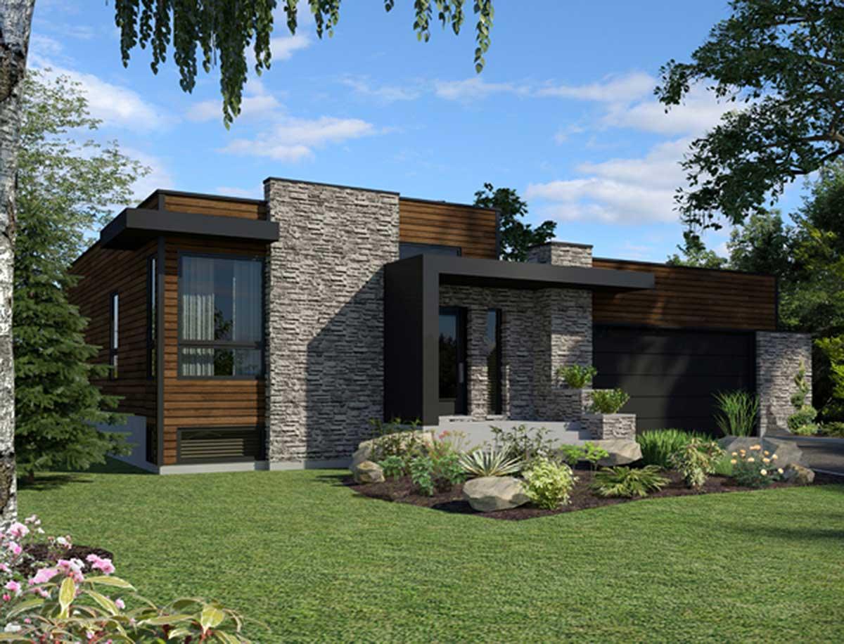 Modern house plan exterior with wood siding, stone accents, flat roofline, prominent window, and attached garage.