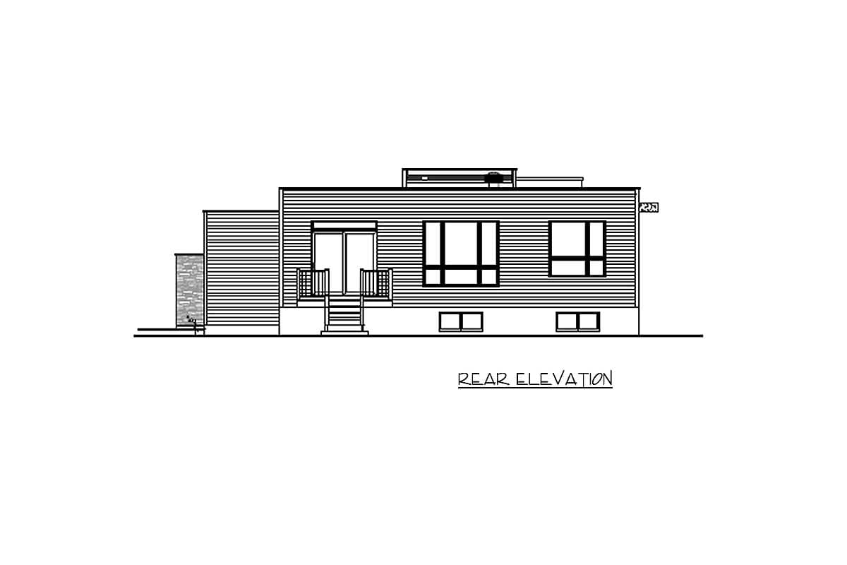Rear elevation drawing of a modern house plan featuring horizontal siding, a flat roof, and large grid windows.