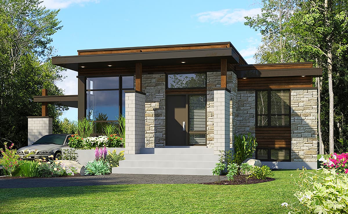 House plan exterior. Modern style, single story. Features include flat roof, stone and wood siding, large windows, and an attached carport.