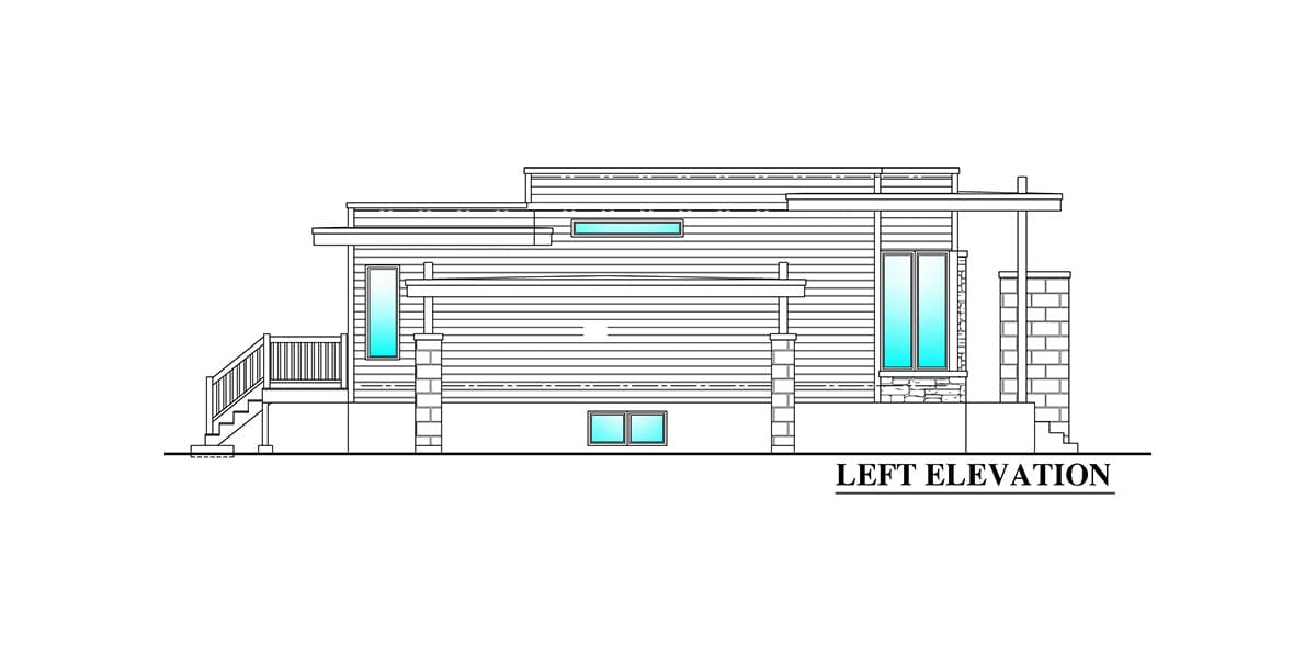 Left elevation drawing of a modern house plan with horizontal siding, stacked stone accents, and a deck with railings.
