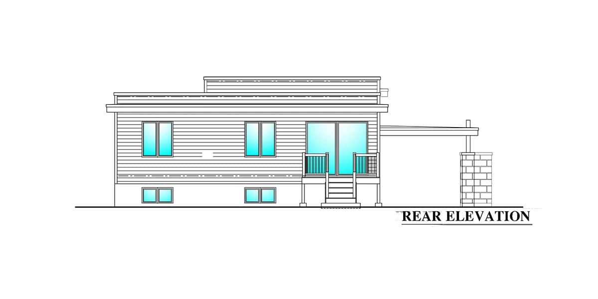 Rear elevation house plan showing a rectangular structure with a flat roof, horizontal siding, windows, and a deck with stairs.