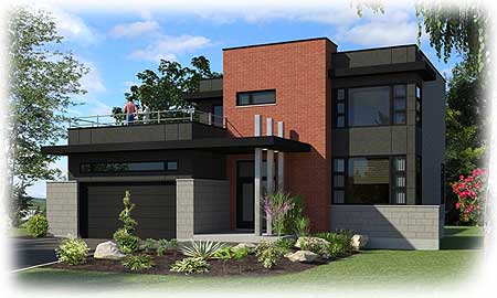 Modern two-story house plan exterior with brick facade, flat roof, integral garage, and rooftop terrace.