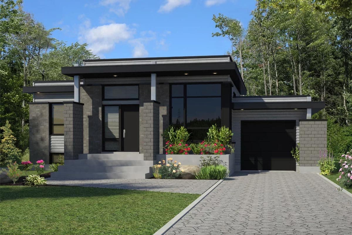 Modern house plan exterior with low-pitch roof, brick facade, large windows, attached garage, and prominent entrance.