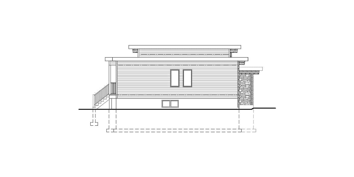 Side elevation house plan showing a single-story structure with horizontal siding, a flat roof, a raised deck with stairs, and stone accents.
