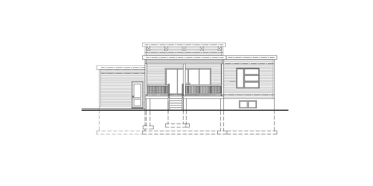 House plan exterior elevation of a single-story modern home with a hip roof, covered porch, and horizontal siding.