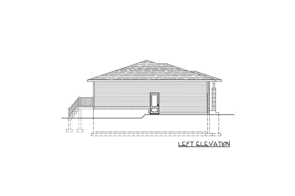Left elevation drawing of a house plan, showing horizontal siding, a gable roof, a door, and a deck with stairs.