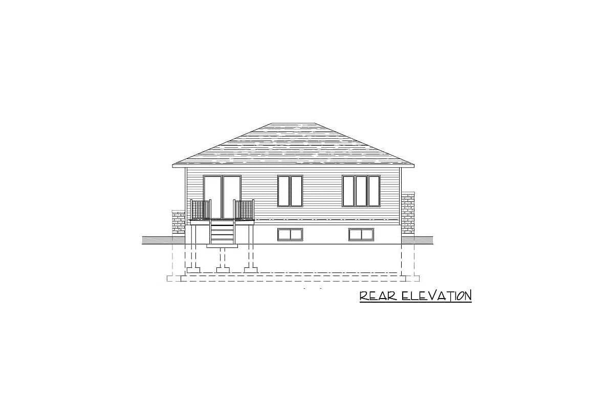 Rear elevation drawing of a house plan, showing a gabled roof, siding, deck, and basement windows.