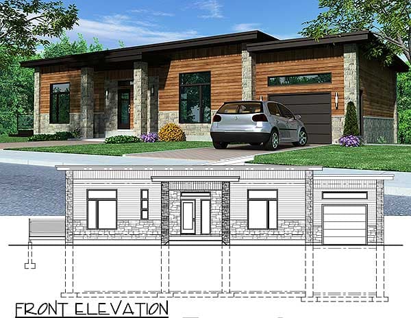 Modern ranch house plan exterior with stone accents, flat roofline, and attached one-car garage.