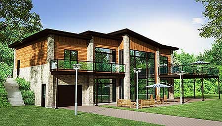 House plan exterior: two-story modern home with stone and wood facade, large windows, and upper-level balconies.
