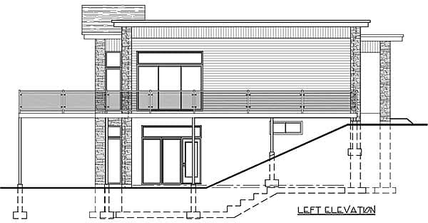 Modern house plan left elevation showing two stories, large windows, a deck with glass railing, and stone accents.