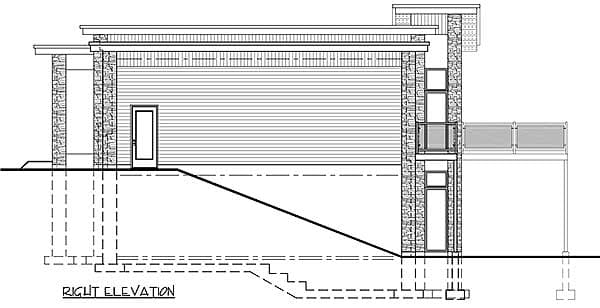 Right elevation drawing of a modern house plan with stone accents, horizontal siding, and a two-level deck.
