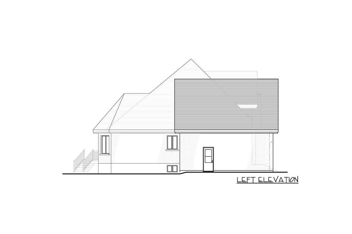 Left elevation drawing of a house plan showing varied rooflines, windows, and a door.