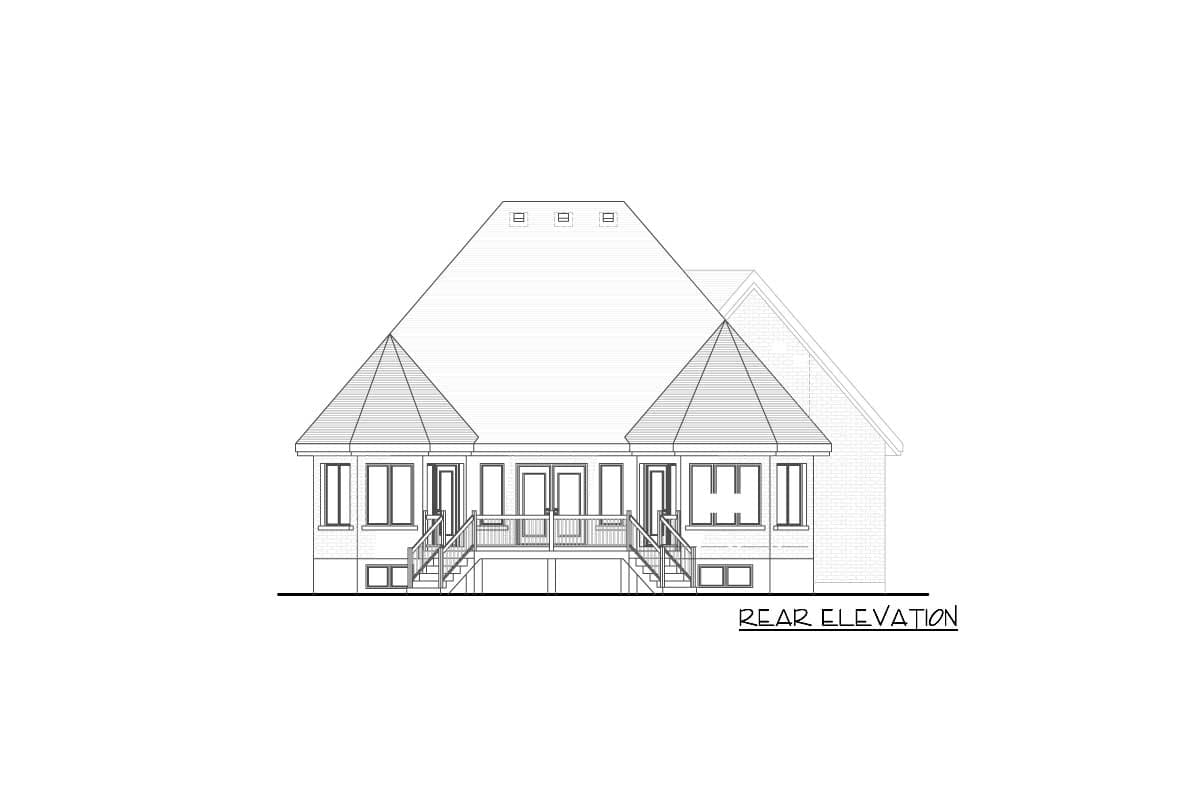 Rear elevation house plan with symmetrical gables, central doors, and flanking windows with railings.