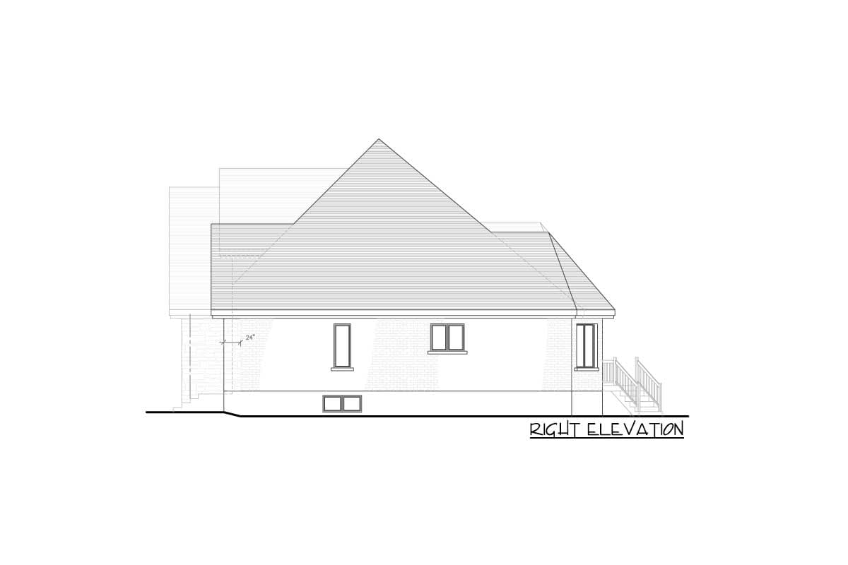 Right elevation drawing of a house plan showing a sloped roof, several windows, and a porch with stairs.