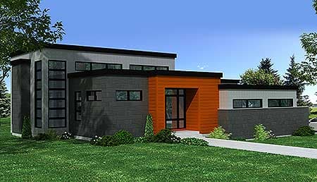 Modern house plan exterior with a prominent orange wood-paneled entrance, flat roof, and varied window heights and orientations.