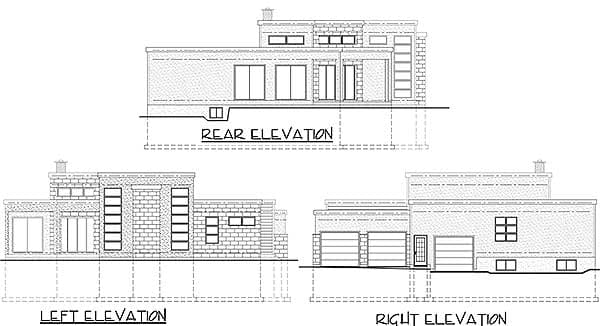 Floor plan elevations for a modern house with a two-car garage, multiple windows, and a flat roofline.