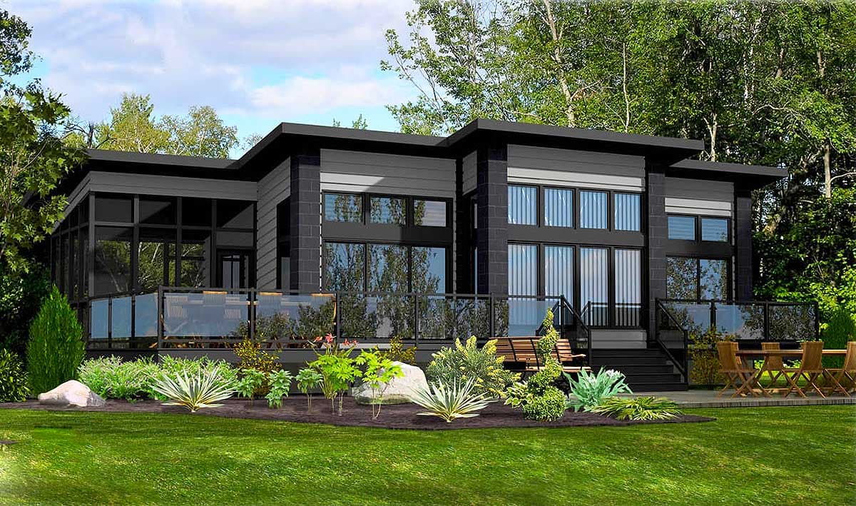 Modern house plan exterior with dark siding, large windows, screened porch, and glass-paneled deck.