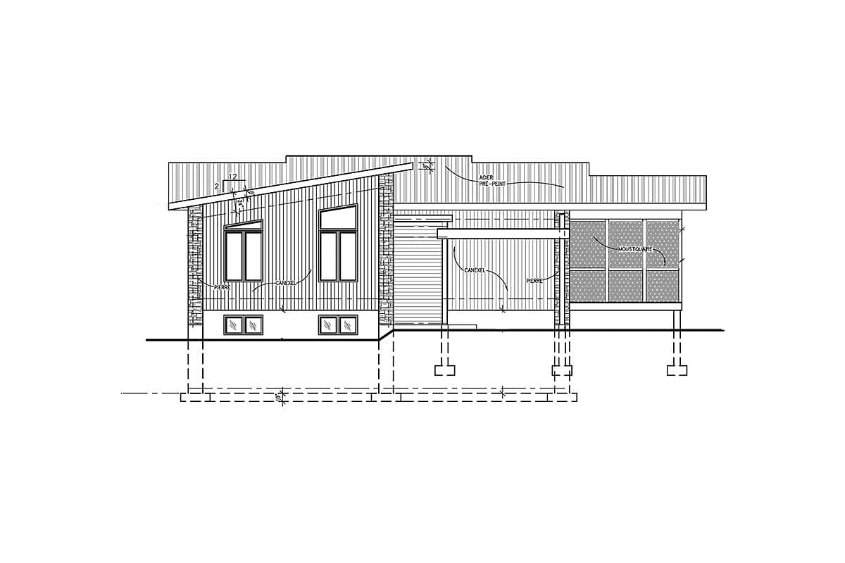 House plan exterior with a sloped roof, wood siding, stone accents, and a screened-in porch.