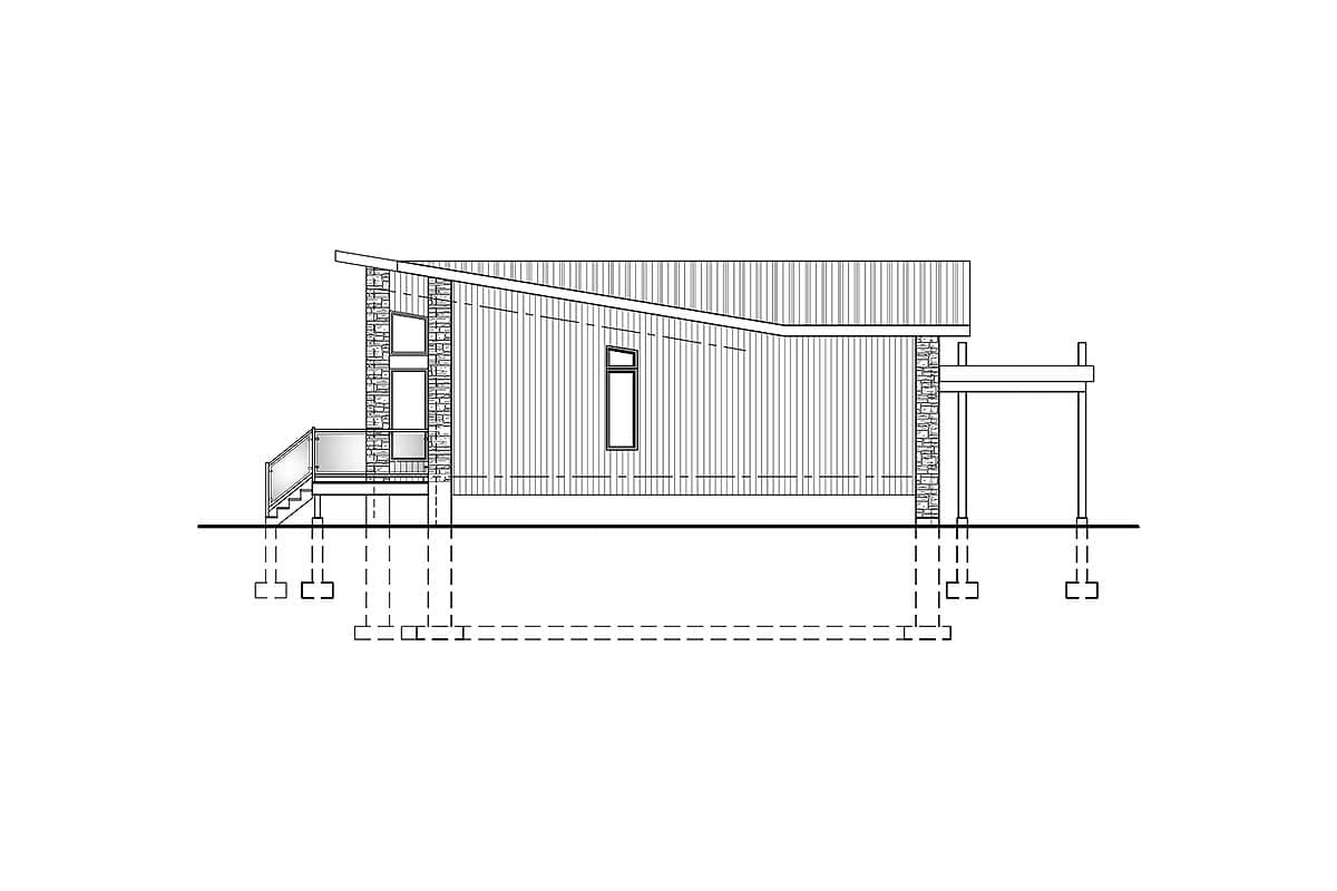 Modern house plan exterior, one story, with a sloped roof, stone accents, a deck, and a front entrance ramp.
