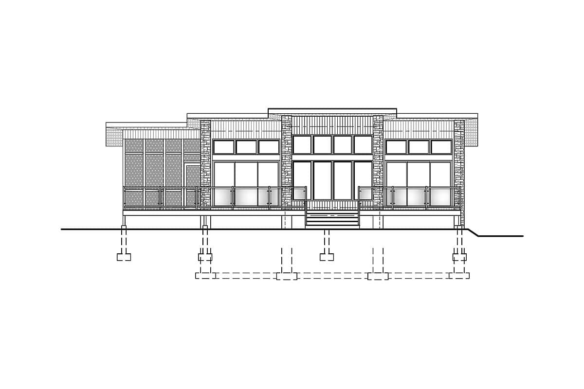 House plan exterior elevation of a single-story modern home with a flat roof, large windows, and a covered deck.