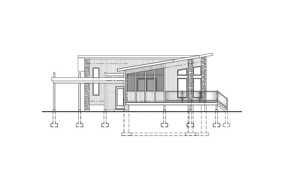 Modern house plan exterior elevation with sloped roof, large screened porch, deck, and stone accents.