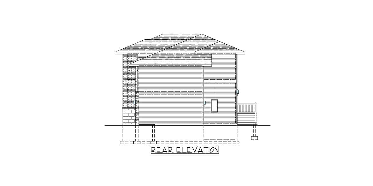 Rear elevation drawing of a two-story house with horizontal siding, a gabled roof, and a rear deck.