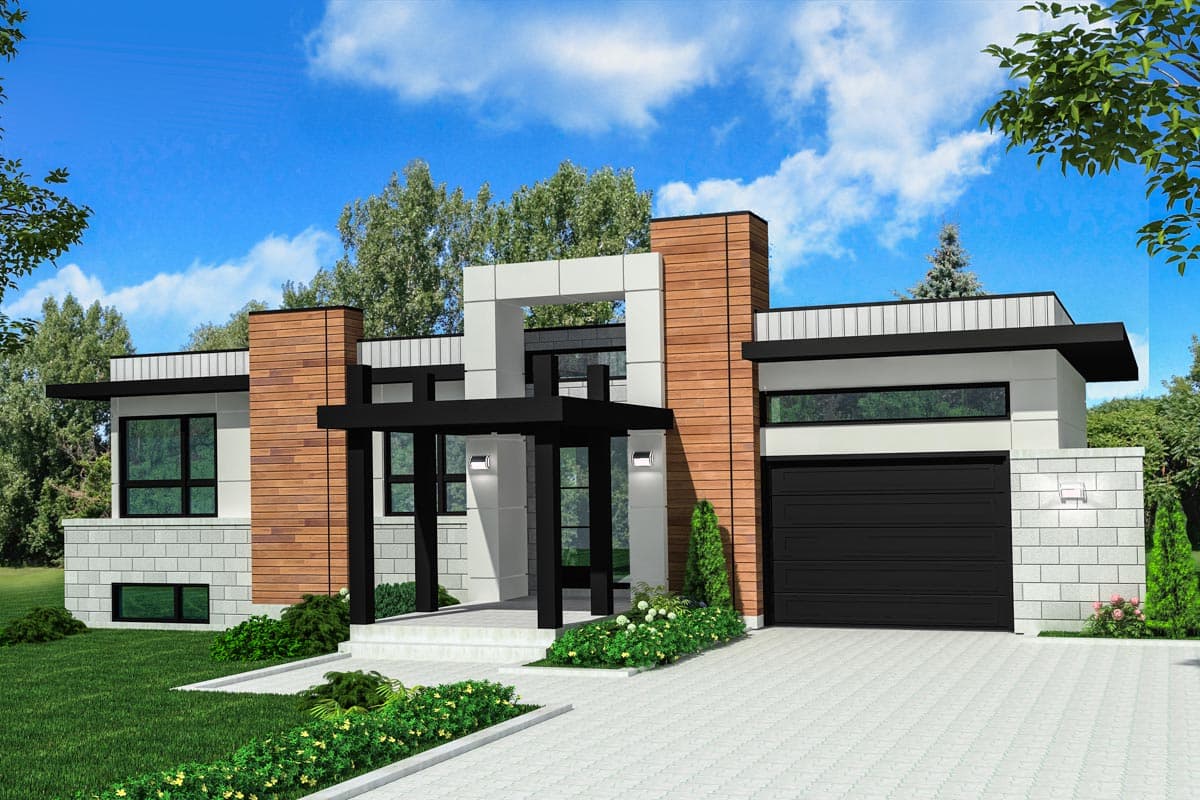 Modern house plan exterior with wood and stone accents, flat rooflines, covered entry, and attached garage.