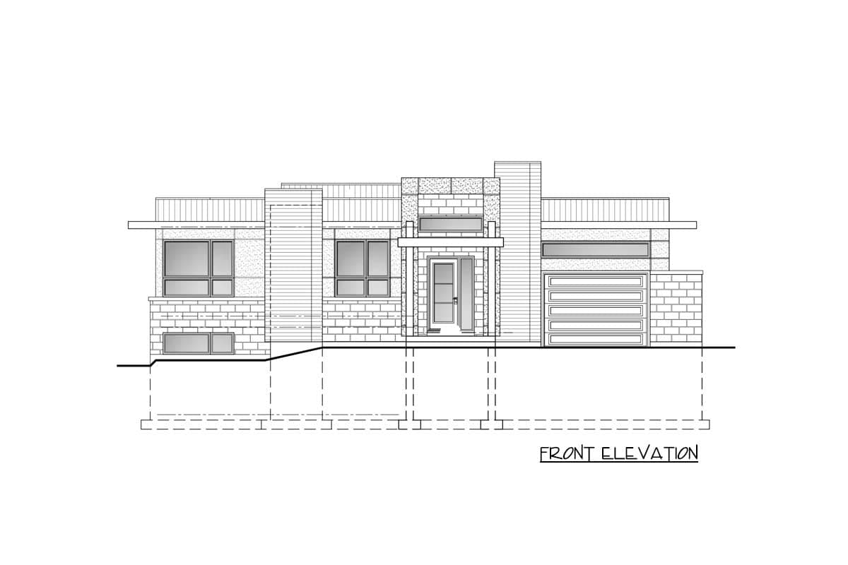 Front elevation drawing of a modern house plan with a garage, prominent chimney, and varied window sizes.