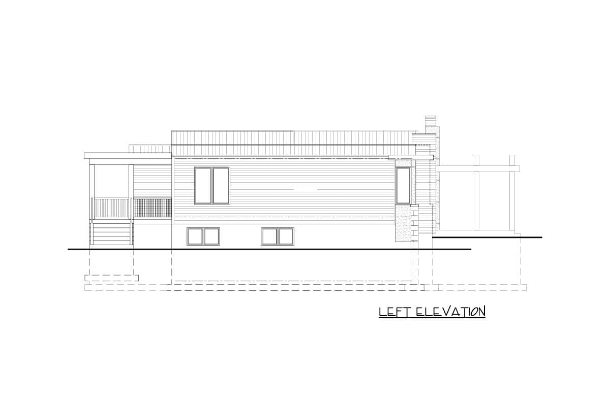 Left elevation of a one-story house plan with a covered front porch, horizontal siding, and a hip roof.