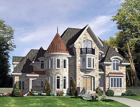House plan exterior: two-story stone home with a prominent turret, bay windows, dormers, and multi-level rooflines.