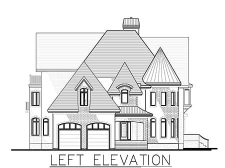 Left elevation drawing of a multi-story house with a large mansard roof, dormers, a turret, and a two-car garage.