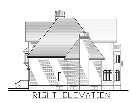 Right elevation of a house plan, showing pitched rooflines, multiple gables, chimneys, and brick texture.