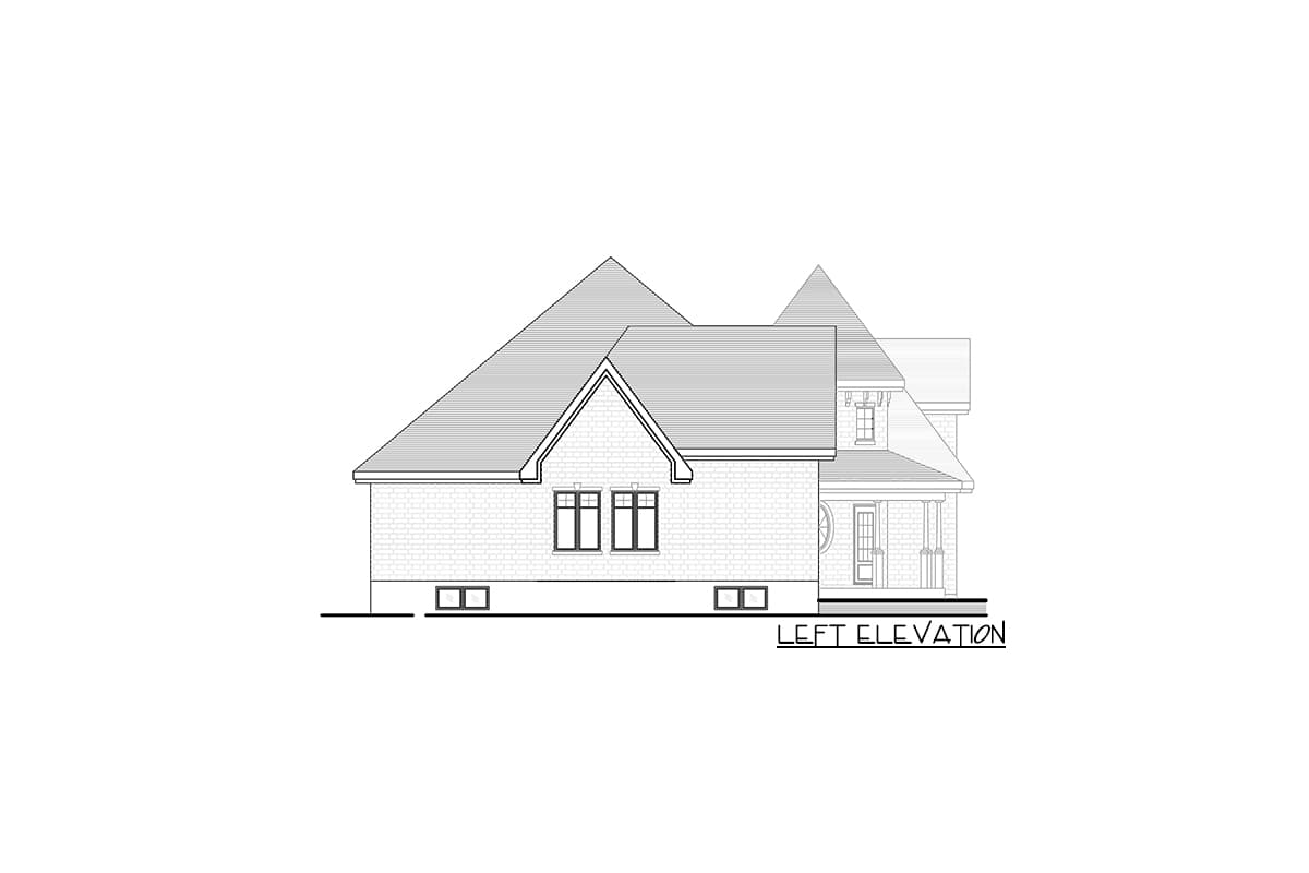 Left elevation drawing of a house plan featuring gables, dormers, and a covered porch.