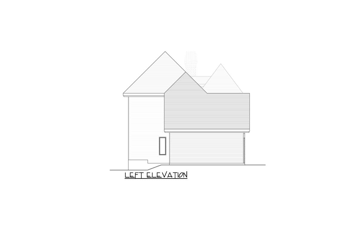 Left elevation drawing showing a garage with horizontal siding and a gable roofline above.