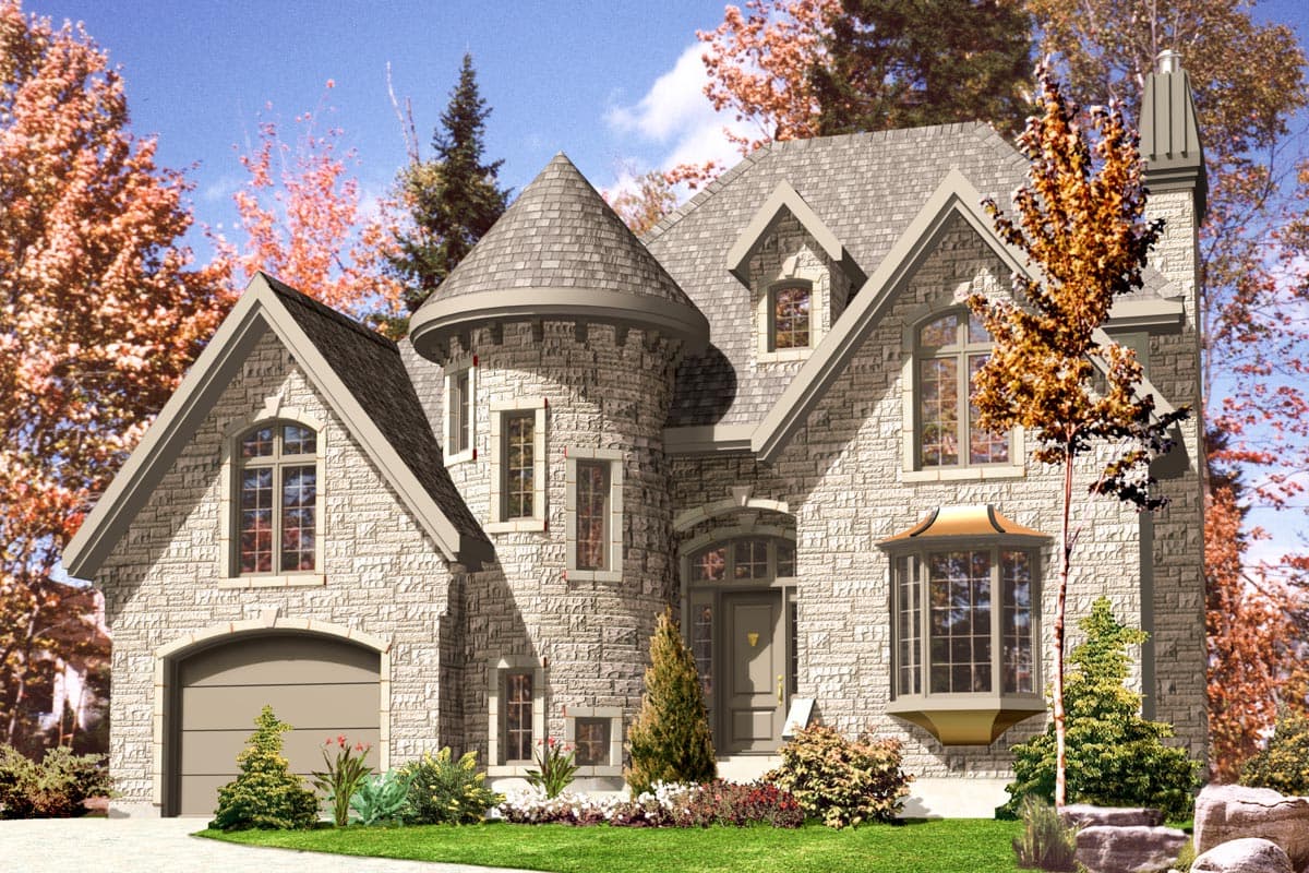 House plan exterior with stone facade, round turret, multiple gables, bay window, and attached garage.