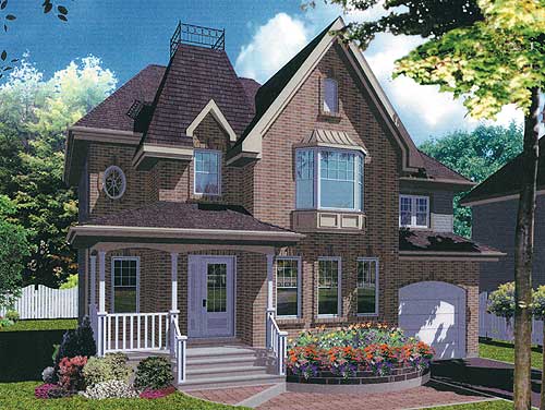 House plan exterior of a two-story brick home with a covered porch, bay window, and attached garage.