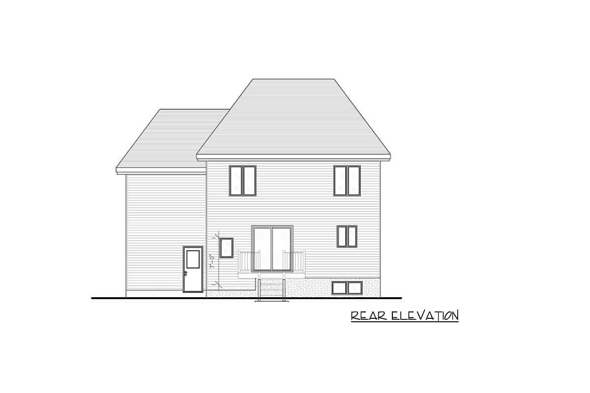 Rear elevation drawing of a two-story house with horizontal siding, a prominent gabled roof, and a rear deck with stairs.