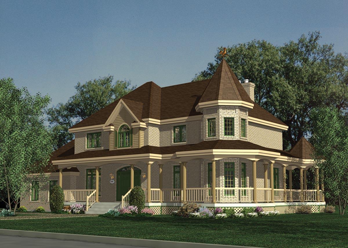 House plan exterior: Victorian style, two stories, wraparound porch, turrets, and gables.