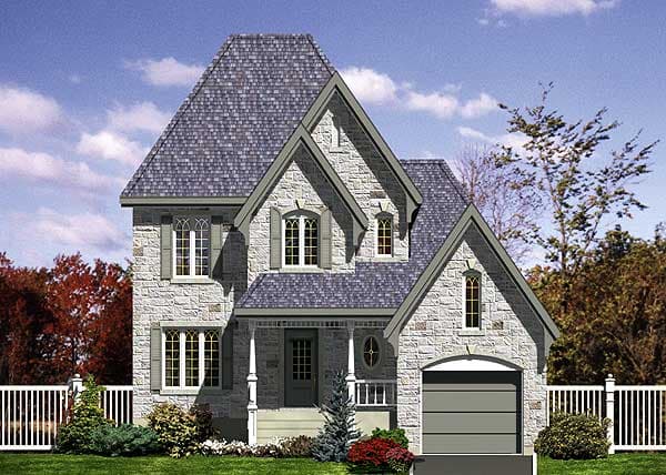 House plan exterior: Two-story home with stone facade, prominent gables, arched windows, and attached garage.