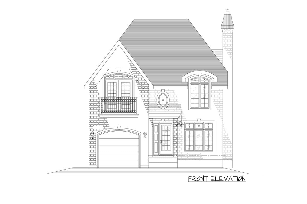 Front elevation drawing of a two-story house plan with a pitched roof, arched dormer, and attached garage.