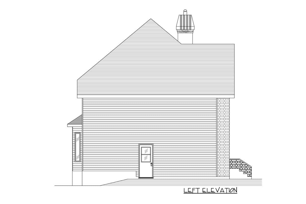 Left elevation drawing of house plan featuring siding, a chimney, a door with glass panes, a small window, and brick accents.