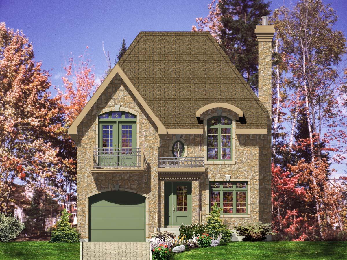 House plan exterior of a two-story stone home with a gable roof, prominent chimney, and arched windows.