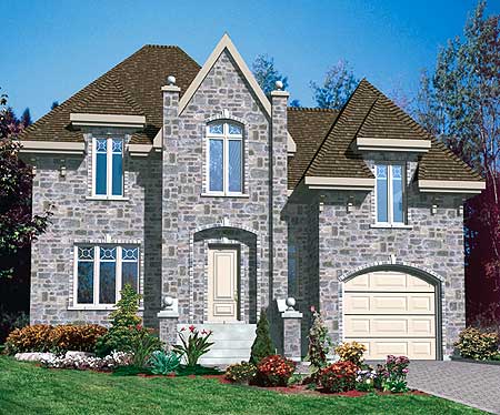 House plan exterior: Two-story stone residence with gabled dormers, arched entryway, and side-facing garage.