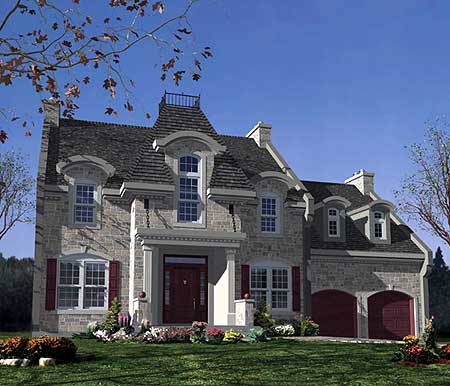 House plan exterior: Stone-clad, two-story home with mansard roof, arched dormers, portico entrance, and attached two-car garage.