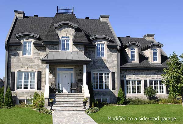 House plan exterior: two-story stone residence with Mansard roof, arched dormers, and prominent portico.