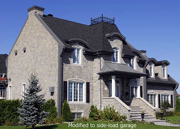 House plan exterior with stone facade, mansard roof, dormers, covered entry porch, and side-load garage.
