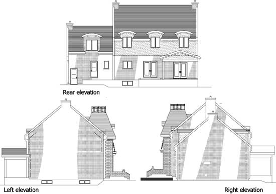 House plan elevations: Rear, left, and right views showing a multi-story structure with gables, dormers, and a covered porch.