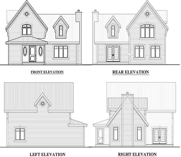 Front, rear, left, and right elevations of a two-story house plan with gables, dormers, and a covered entry.