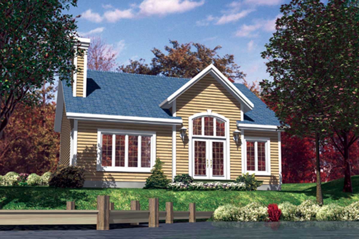 House plan exterior: One-story home with a prominent gabled dormer, arched double doors, and large multi-pane windows.